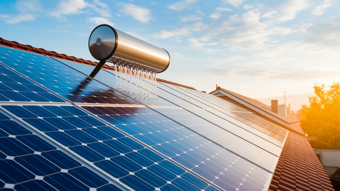 Como funciona o aquecedor solar? / como funciona aquecedor solar / como funciona o aquecedor solar, como funciona um aquecedor solar / A solar water heater on a house rooftop, with sunrays hitting the solar panels and water being heated in tubes.