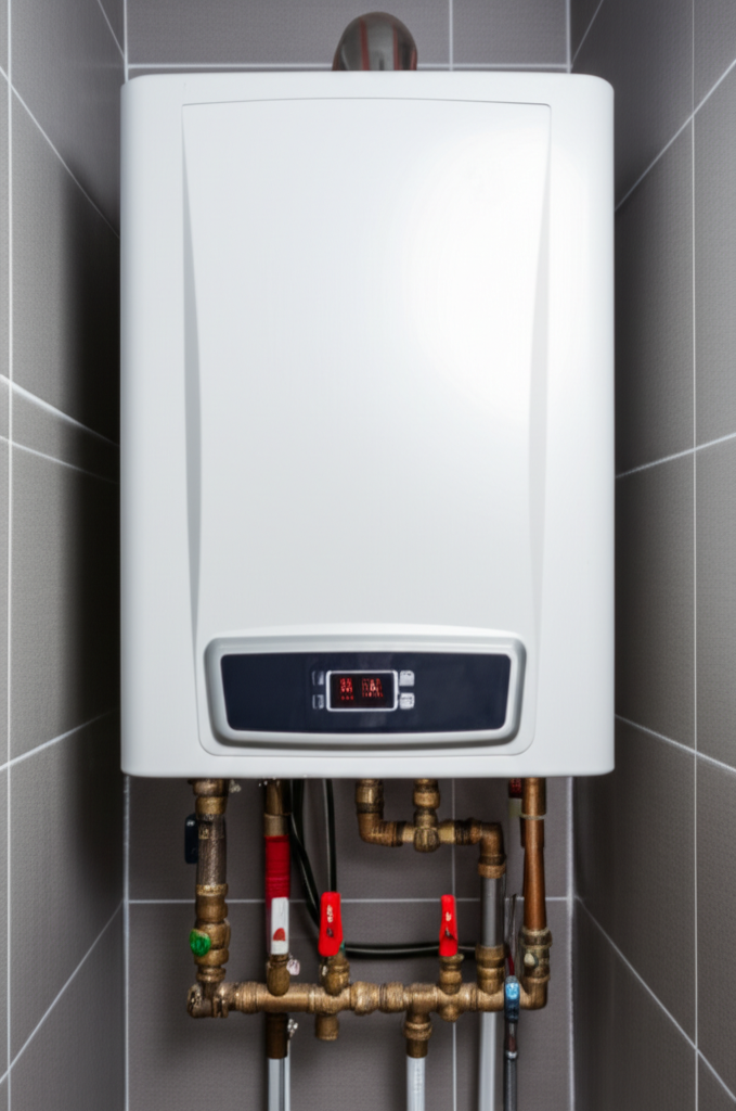 Como funciona o aquecedor a gás? / como funciona aquecedor a gas / como funcionam os aquecedores a gas, como funciona o aquecedor a gas, como funciona um aquecedor a gás, como funciona aquecedor a gás em apartamento, como funciona um aquecedor a gas / A modern gas water heater with visible pipes and digital temperature display, placed in a home bathroom.